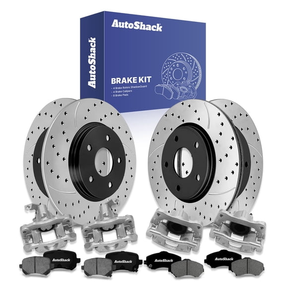 AutoShack Front & Rear Drilled & Slotted Brake Rotors Premium Ceramic Brake Pads Calipers | Replacement for VW Routan 2010 Chrysler Town & Country FWD | E-Coated | 16-PC Brake Kit | ShadowGuard
