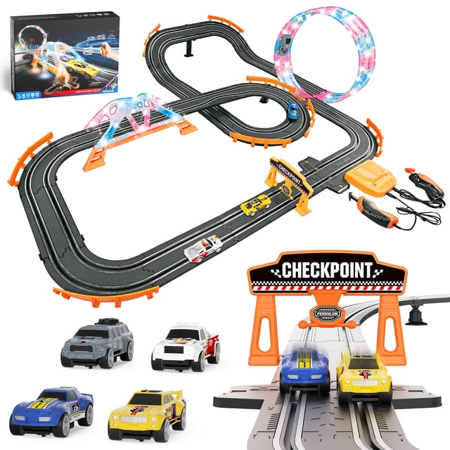 2-in-1 Slot Car Race Track Sets - Electric Race Car Track with 4 High-Speed Racing Cars, Dual Racing Game Lap Counter Circular Overpass Tracks, Remot
