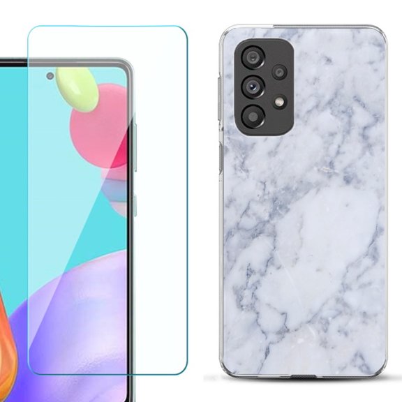 Slim-Fit Gel TPU Phone Case for Samsung Galaxy A33 5G, with Tempered Glass Screen Protector, by OneToughShield ® - Marble / Clouds