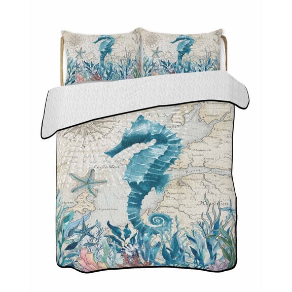Quilts Queen Size Bedding Set, Seahorse Coastal Reversible Summer Quilt 3 Pieces, Summer Beach Coral Seaweed Vintage Lightweight Bedspreads Coverlets with 2 Pillow Shams for All Seasons