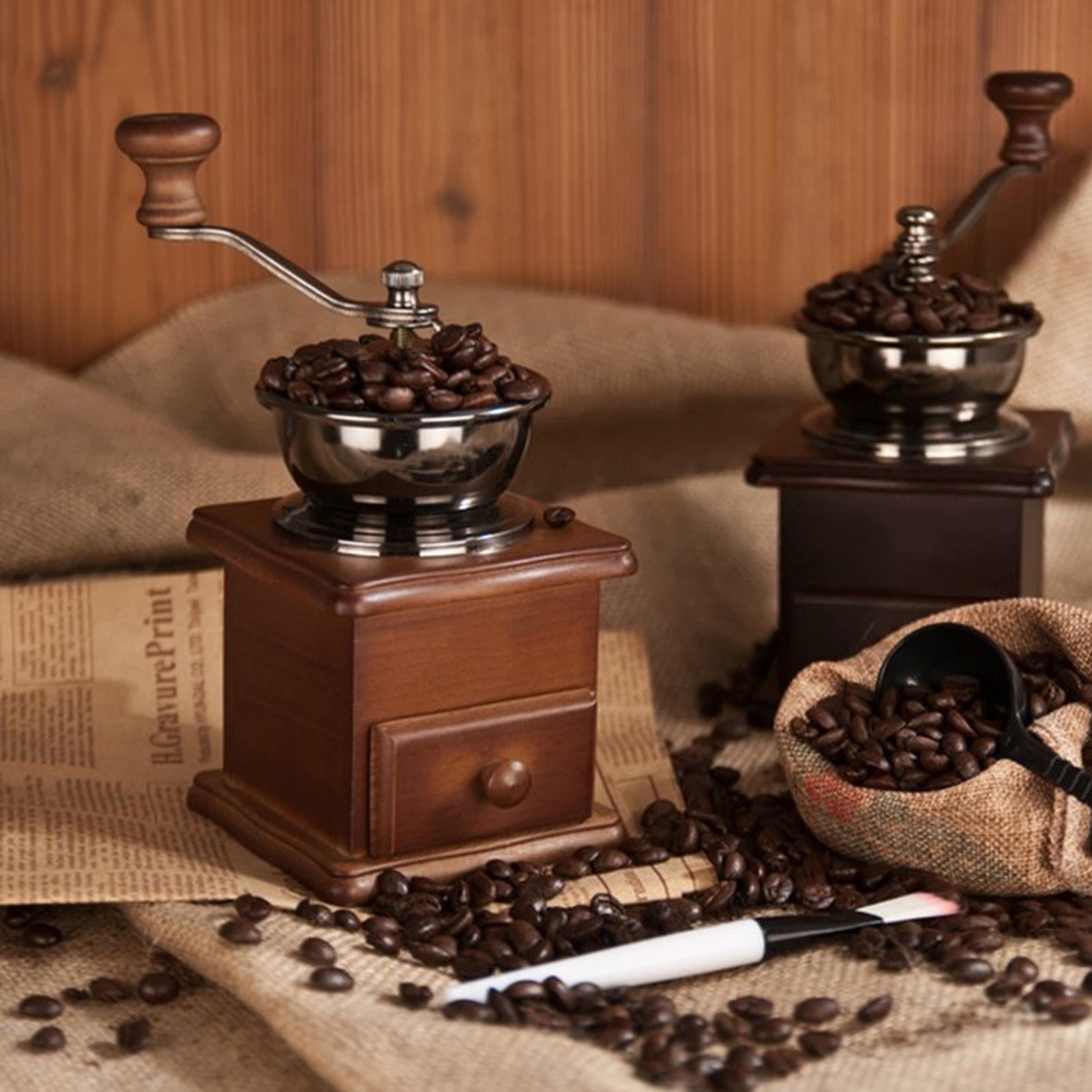 BOKYAN Retro Hand‑Grind Coffee Mill – Beech Wood Base, Stainless Steel Core, Adjustable Coarse to Fine Grind, Manual Coffee Grinder for Home & Office