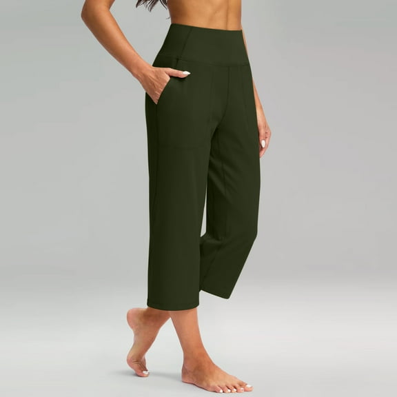 CFLVAEK Cross Mid Rise Culottes with Pocket for Women Stretch Tummy Control Yoga Pants Baggy Wide Leg Capri Pant Army Green L