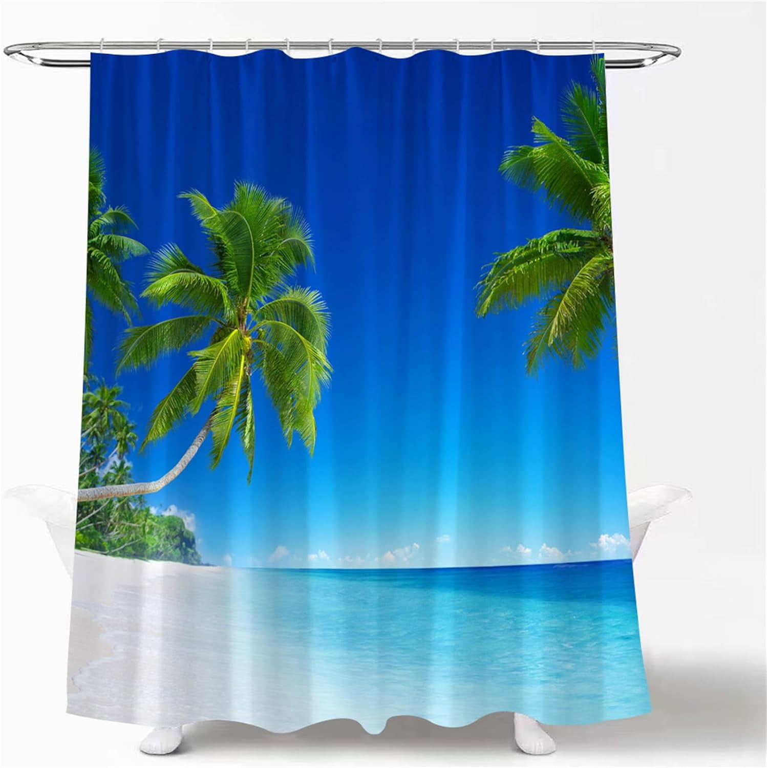 Ocean Beach Shower Curtain Tropical Palm Tree Blue Sea Summer Seaside Landscape Hawaii Nature Seascape Bath Curtain with Plastic hooks