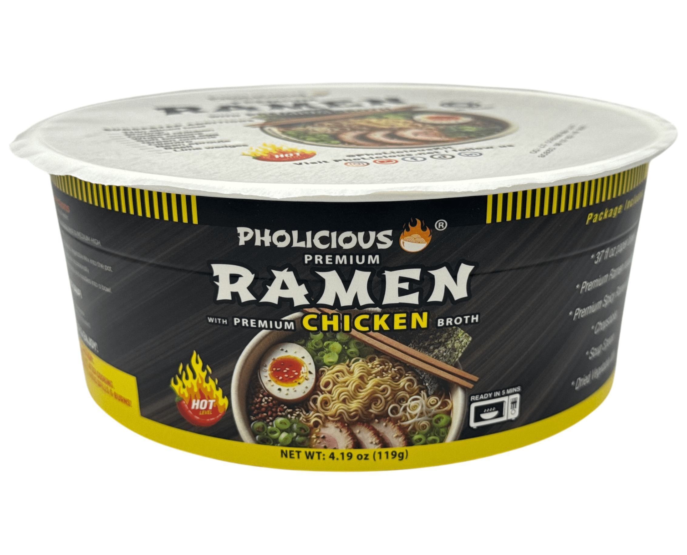 PhoLicious Spicy CHICKEN Premium Ramen, Instant, 4 Pack / 4.19 Ounce Bowls, Fresh Ingredients