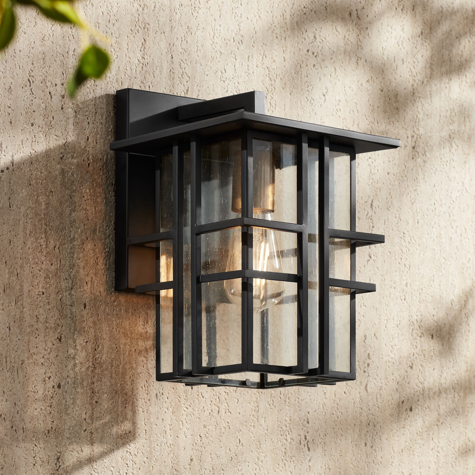 Possini Euro Design Arley Modern Industrial Outdoor Wall Light Fixtures Set of 2 Black 12" Seedy Glass for Post Exterior Barn Deck House