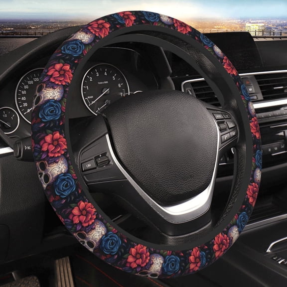 Steering Wheel Cover Anti-Slip Elastic Car Protective Universal 15 Inch Fit for Vehicles Auto SUVs , Gothic Skull Day Of The Dead Art
