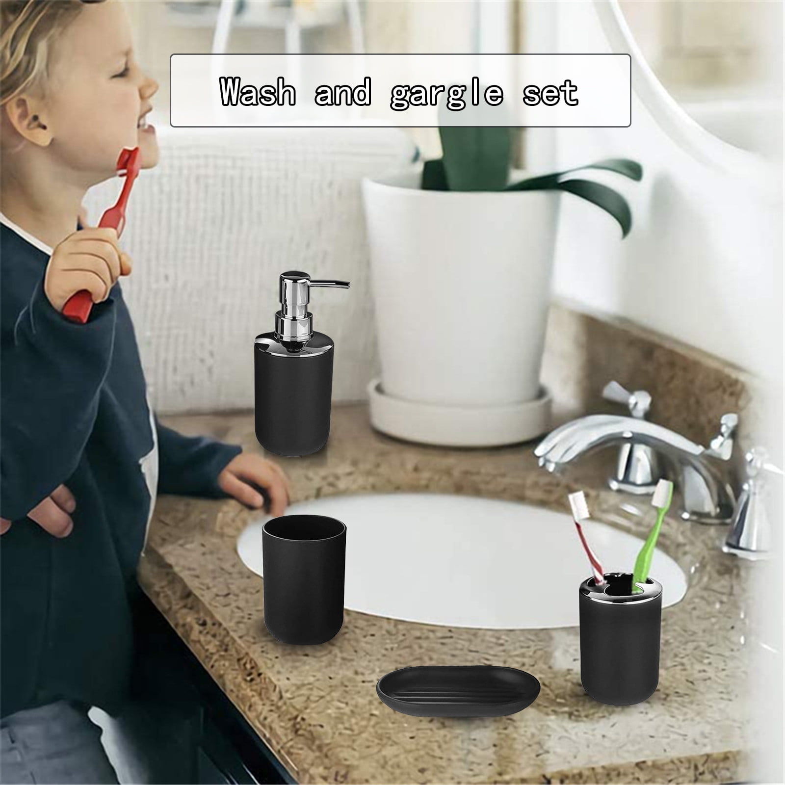 ZZkhGO 6-Piece Bathroom Accessory Set, Complete PP Plastic Toilet Brush Soap Dispenser, Organized Kit with Tumbler Trash Can