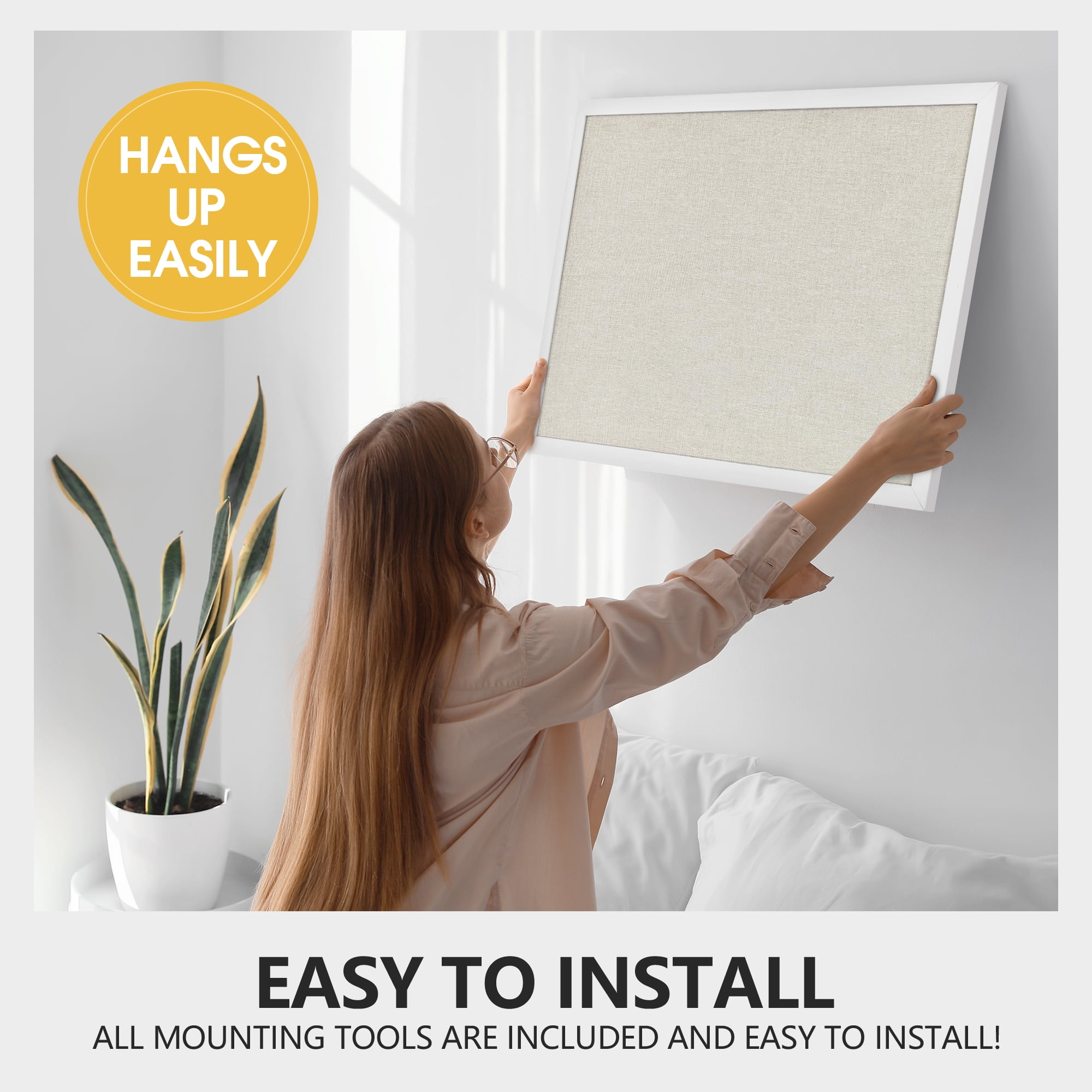 24" x 18" Bulletin Board with Linen Wood Frame Cork Board with 20 Pushpins, Wall and Office Decor for School, Home & Office, White