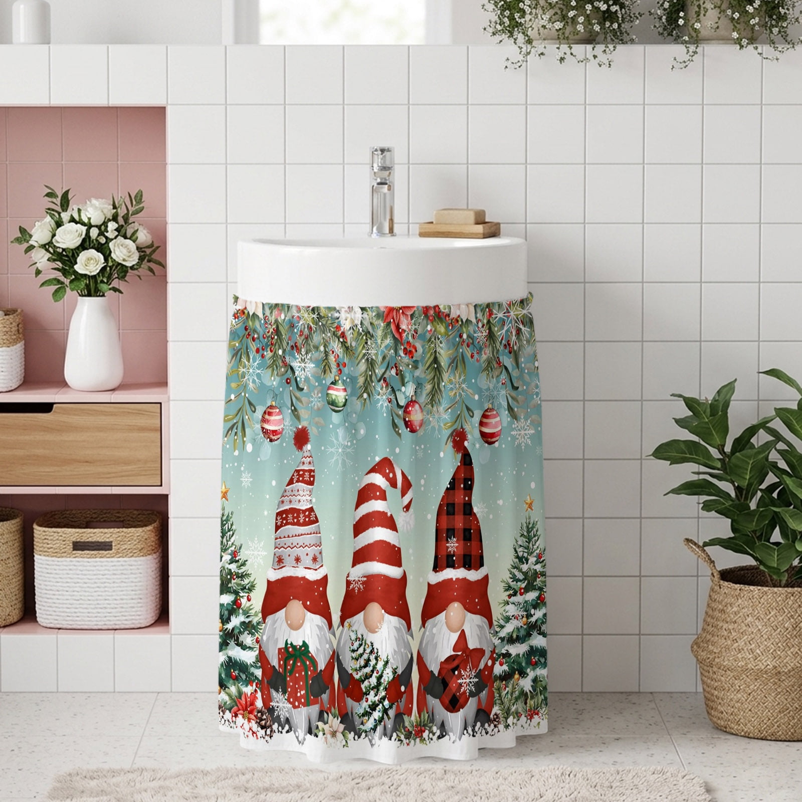 Turquoise Christmas Small Cabinet Curtains 11 W x 13 L Gnomes Xmas Tree Poinsettia Eucalyptus Sink Skirt Dust-Proof Short Curtain for Bathroom Vanity Storage Cubby Desk Self Adhesive Privacy Drapes