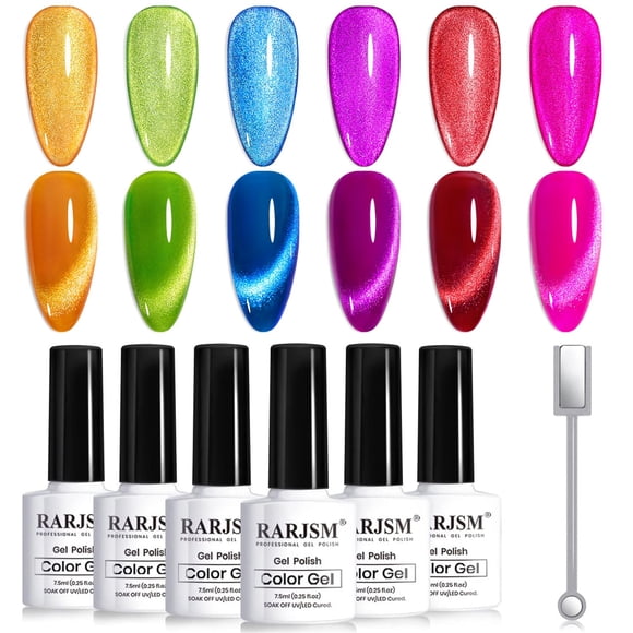 Set de esmaltes de uñas en gel RARJSM 9D Neon Cat Eye, 6 colores, 7,5 ml