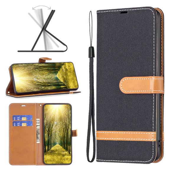 Feishell Case for iPhone 16 Cloth Texture Premium PU Leather Simple Wallet Case [Credit Card Slots] [Kickstand] [Magnetic Closure] [Wrist Strap] Shockproof Flip Cover,Black