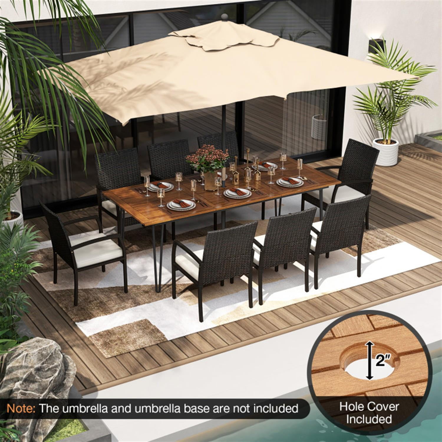 Demi Bonn 9 Pieces Patio Furniture Set with Wicker Armchairs, Soft Cushions and Acacia Wood Square Table, Conversation Dining for Garden Poolside Balcony, Brown-C