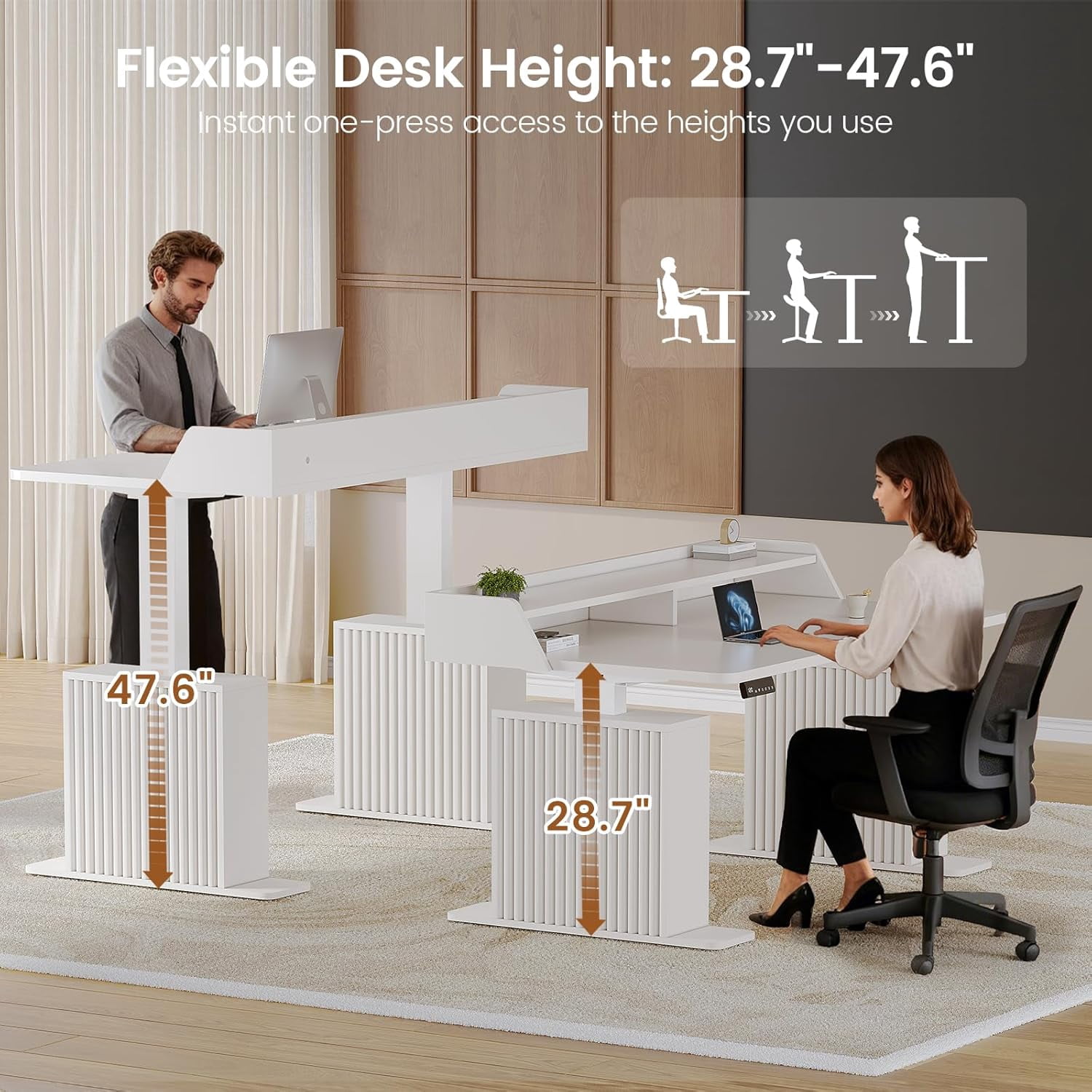 SEDETA Fluted Standing Desk with Storage, 55" Electric Stand Up Home Office Desk with Power Outlets & LED Lights，Farmhouse Computer Desk, Height Adjustable Table with Monitor Stand, White