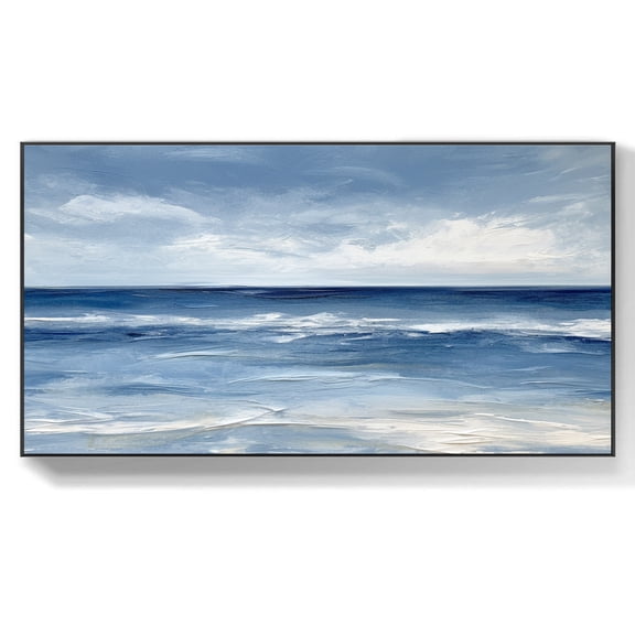 Abstract Landscape Painting Large Blue Sea Painting Custom Seascape Wall Art Blue and White Ocean Canvas Wall Art Decor,Unstretched,Frameless,(41*61cm)16*32Inches