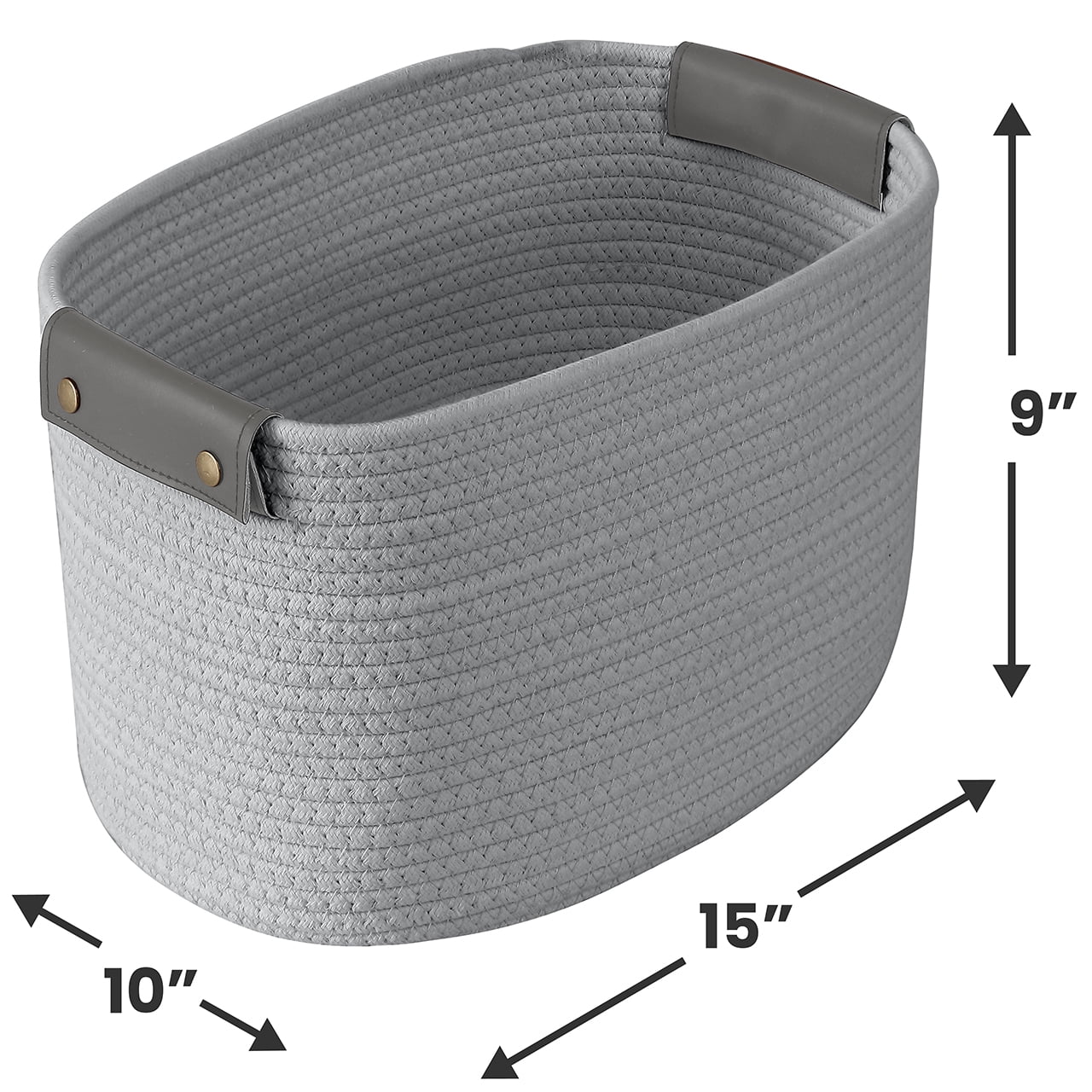 3 Pack Woven Cotton Rope Shelf Storage Basket with Leather Handles, Baby Nursery Storage Bin Organizers, Closet Shelf Storage - 15 x 10 x 9