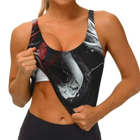 Qokaie Cool Black And White Dragon Pattern Womens Scoop Neck Sports Bra Breathable Workout Vest Padded U Back Medium Impact Fitness Gym Yoga Bra Workout Crop Top