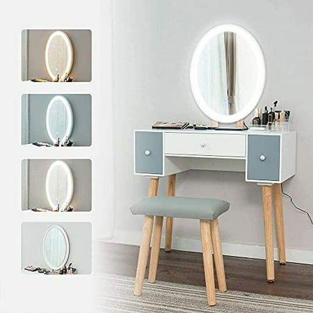 Touch Screen Adjustable Lighted Mirror, Led Vanity Table Set With Lighted Touch Screen Mirror Cushioned Stool