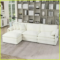 Beige Chenille Modular Sectional Sofa - 3-Seater Deep Seat L-Shaped Couch with Movable Ottoman for Living Room