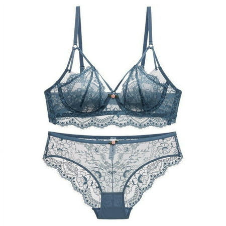 HHH Women s Sexy Lace Lingerie Thin Big Breast Small Steel Ring Upper Support Hollow Push up Bra Set