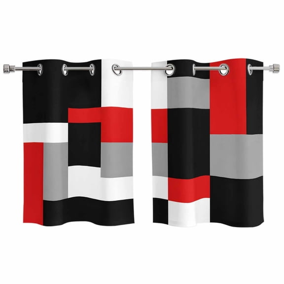 Red Black Grey Geometric Kitchen Curtains Small Short 39 Inch Length, Modern Abstract Art Luxury Grommet Top Bedroom Living Room Curtains, Light Filtering Cafe Curtain Drapes 2 Panels Set 55''x39''
