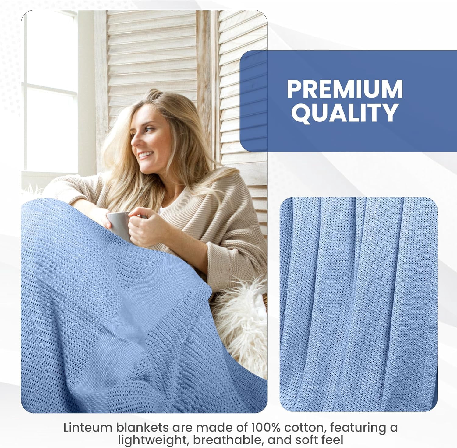 Linteum Textile 100% Cotton Leno Weave Blanket (Blue, Queen) 90x90 Inches