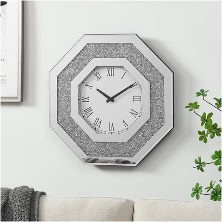 JERFIT Octagonal Wall Clock with Mirror Trim and Faux Gemstones, Silver Roman Numeral Modern Quartz Clock for Living Room Decor
