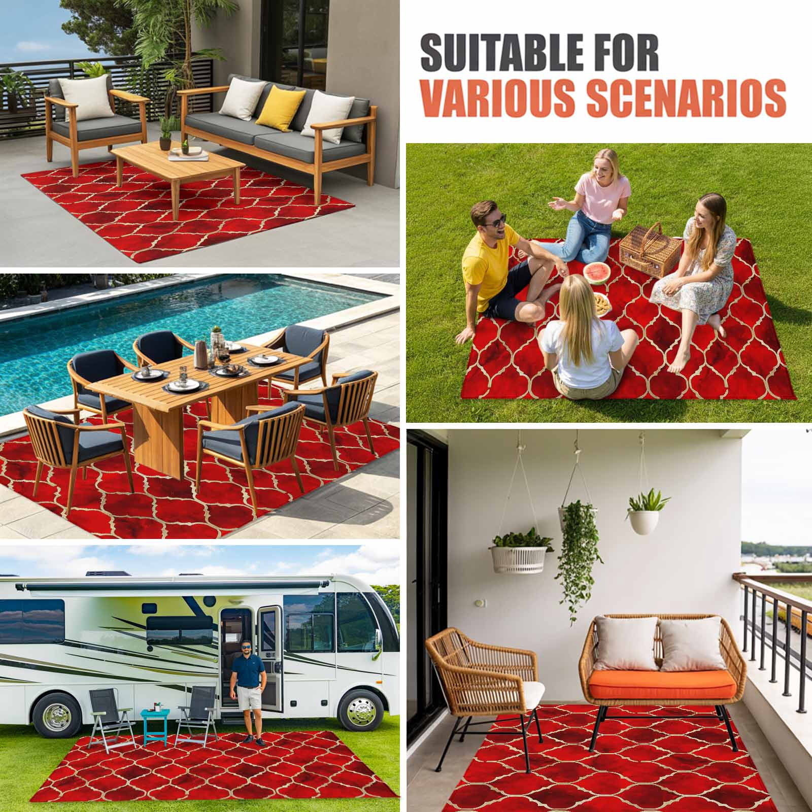 Outdoor Rug 3x5 ft Deep Red Marble Outdoor Large Area Rug Non Slip Rubber Lattice Modern Art Front Door Mat RV Rug Camping Carpet Patio Outdoor Rugs for Backyard Balcony Deck Porch Indoor