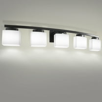 Briignite 5-Light Bathroom Light Fixture with Milk Glass Shades, Modern Stylish Vanity Lighting Fixtures for Bathroom, Black and White