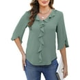 thumbnail image 3 of UVN Chiffon Blouses for Women Dressy Ruffle V Neck Tops Summer Casual 3/4 Sleeve Shirts, 3 of 10