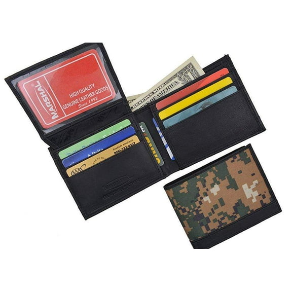 Men's RFID Blocking Premium Leather Camouflage Bifold Wallet With Fixed Flip Up ID Window Camo Military Design
