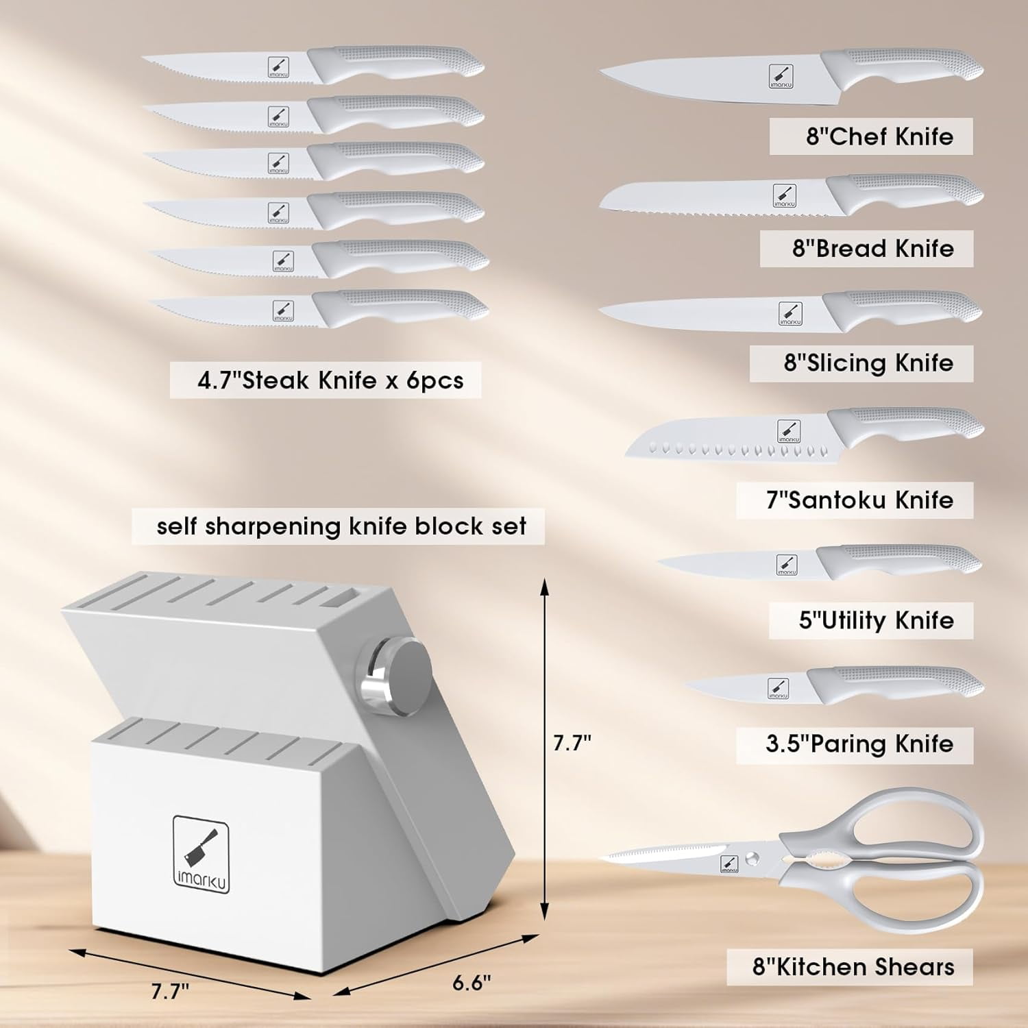 imarku Knife Set White, Sharp Knife Set with Block and Sharpener, Stainless Steel Kitchen Knife Set with Non-Slip Ergonomic Handle, Dishwasher Safe, 14pcs,Fathers Day Gifts