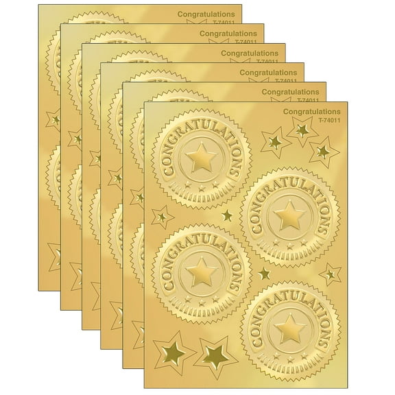 TREND Congratulations (Gold) Award Seals Stickers, 32 Per Pack, 6 Packs