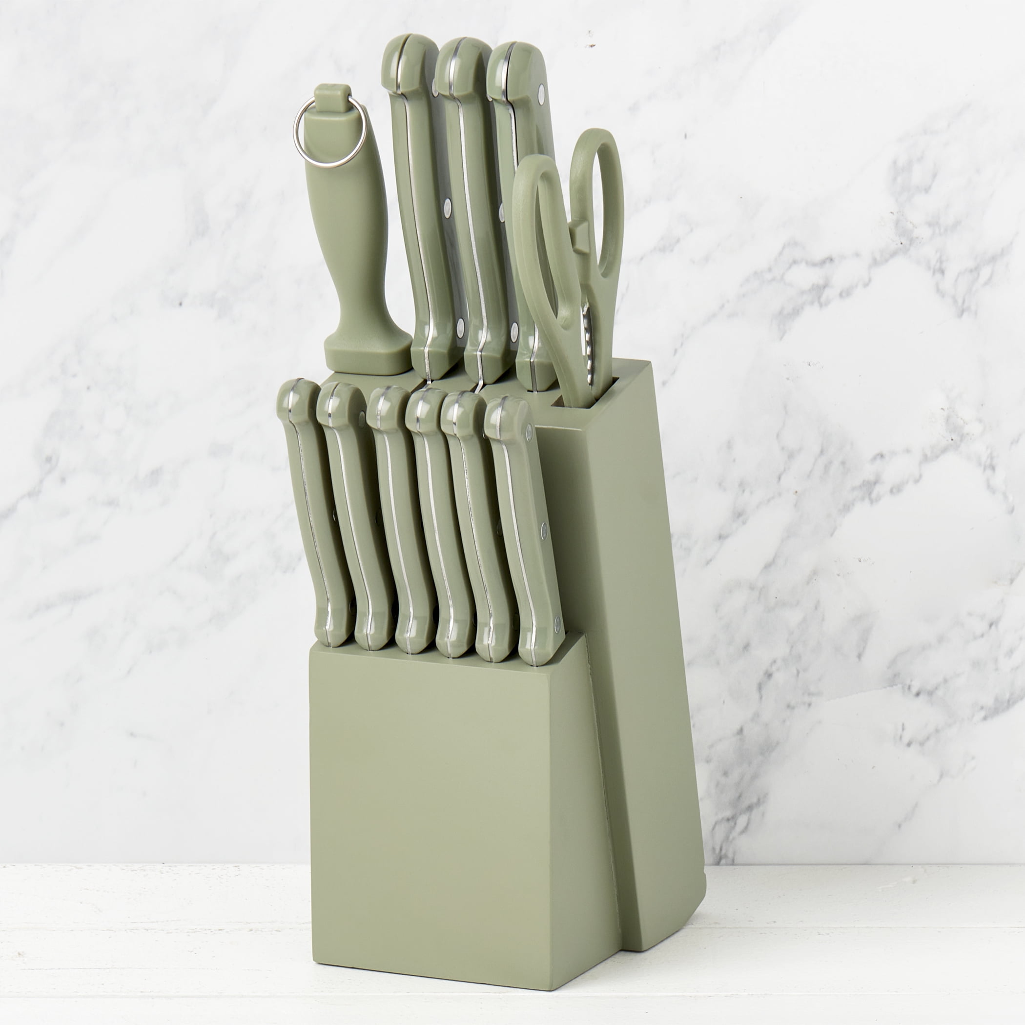 Basic Essentials 12 Piece Stainless Steel Kitchen Knife Set with Wood Block, Sage Green