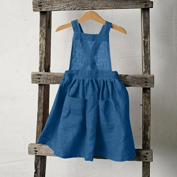 BRGZLK Girls Summer Cotton Linen Dresses Trendy Solid Color Back Button Up Suspender Casual Sundress with Pockets Blue 9-10 Years