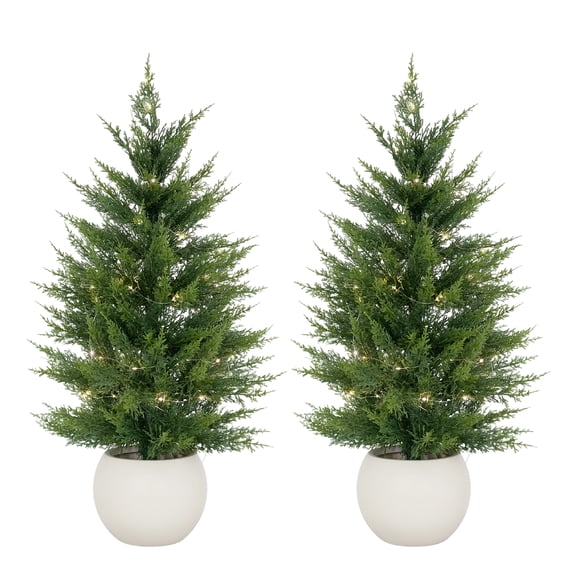 QinaQin 3FT Artificial Cedar Topiary Tree, 2PCS Faux Evergreen Shrubs with White Pot & Light, Fake Cypress Potted Greenery for Front Door Living Room Patio