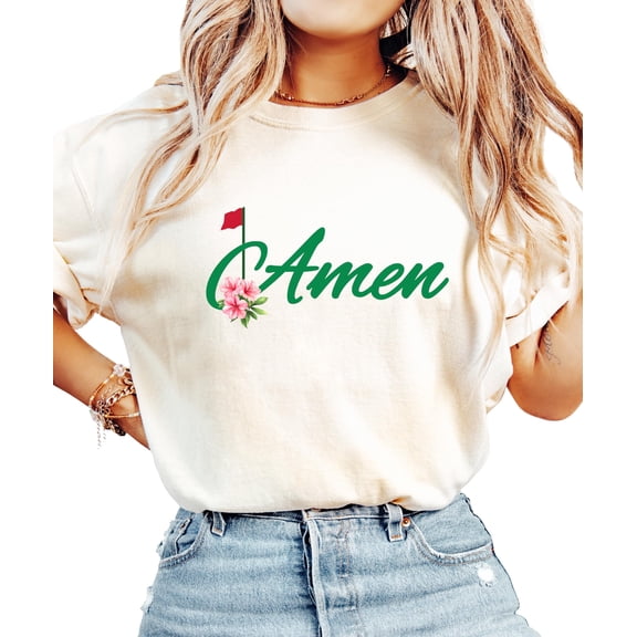 Amen Golf Shirt for Women and Teens Floral Golfers T-Shirt with Red Flag Ivory Shirt Adult X-Large