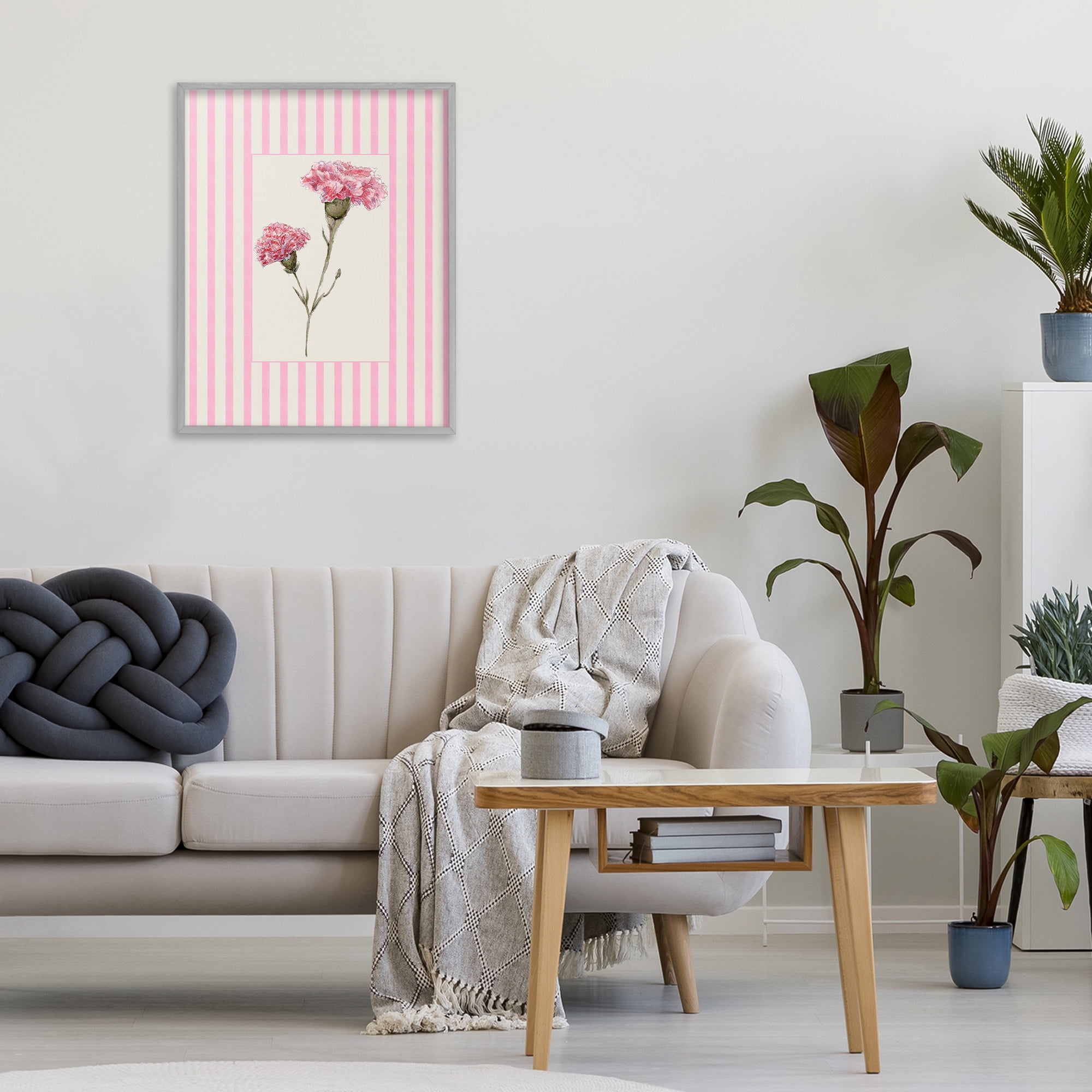 Pink Stripe Carnation Gray Framed Giclee Art, design by Lisa Wehmeyer