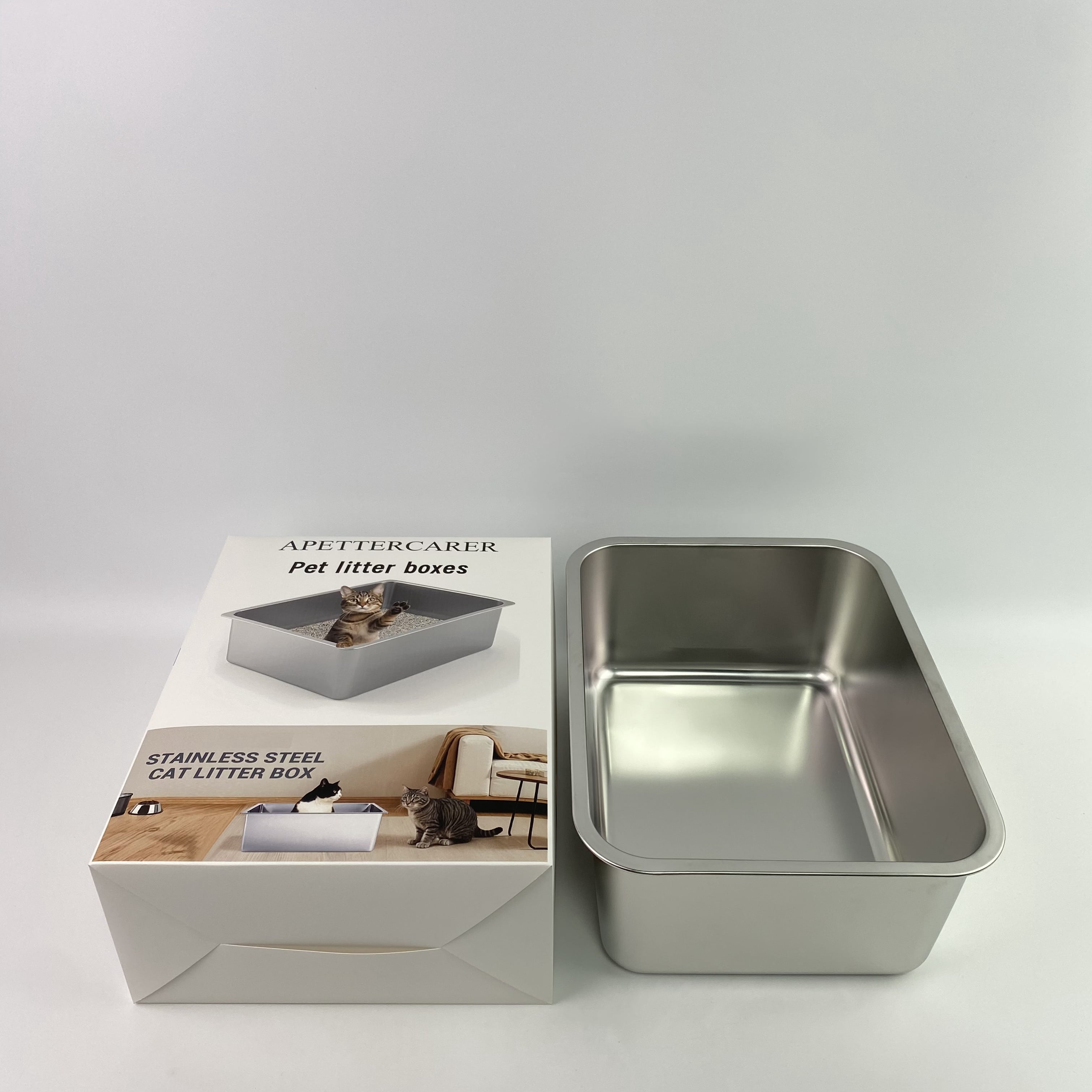 APETTERCARER Pet litter boxes,Stainless Steel Cat Litter Box - Metal High Sided Cat Pan, Large Stainless Steel Box, Indoor Litter Tray, Pet Toilet Supplies for Kitten