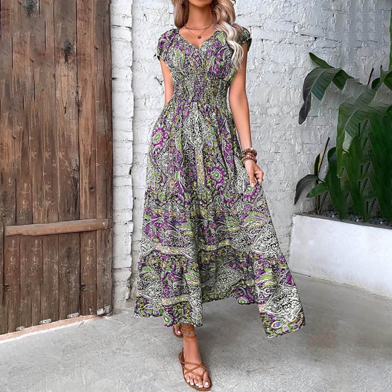 jicehd Dress Big Saves Bohemian Casual Floral Print V-neck Strapped Waist  Wrap Long Dress Cap Sleeve Swing Flowy Temperament Ruffle Beach Dress -  Walmart.com