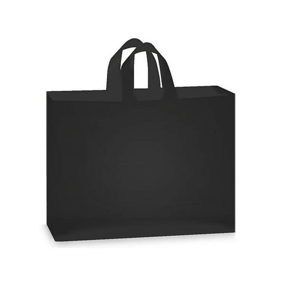 Pack Of 100, Vogue Size 16 x 5 x 12" Solid Black Reusable 3 Mil Plastic Shopping Bags W/6 Mil Soft Loop Handle