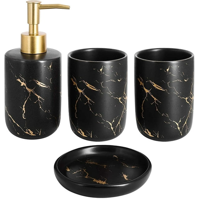 Juego de accesorios de baño de cerámica de 4 piezas que incluye dispensador de jabón, vaso y jabonera (negro)
