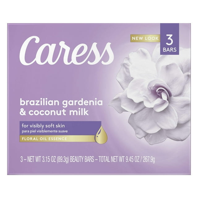 Caress Beauty Jabón en barra para piel visiblemente suave Gardenia brasileña y leche de coco con esencia de aceite floral 3.15 oz 3 barras