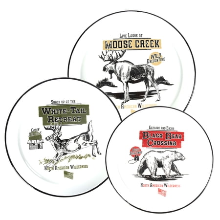 Rivers Edge Products Porcelain Enamel Round Kitchen Accessory Serving Platters for Food 3-Piece Set in 12 Inches 13.5 Inches and 14.5 Inches Hunting Decor Round Platters