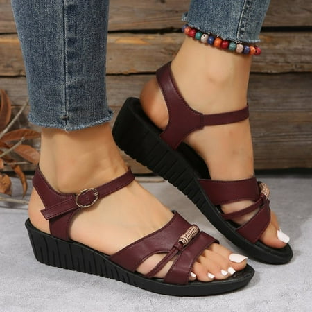 

TUTUnaumb Women Sandals Size 6.5 Women Ladies Fashion Flat Sole Low Slope Heel Sandals Comfortable Round Toe Strappy Metal Buckle Causal Sandals Shoes Women s Sandals Summer Shoes-Wine-38