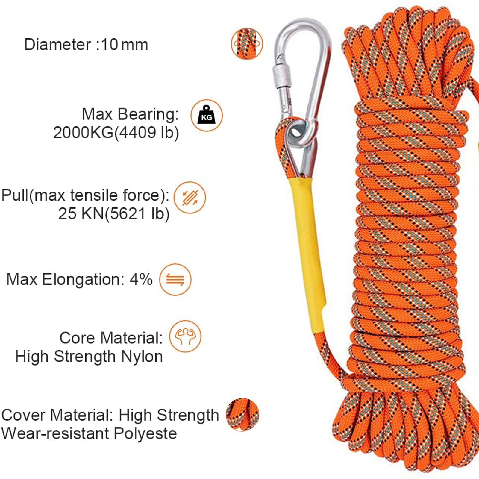 Climbing Ropes, Mountain Rock Rope，Dynamic Climbing Ropes, Outdoor Safety Rope 10 mm/3.93 Inches