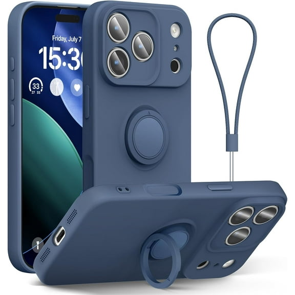 for iPhone 17 Pro Case 6.3'', Ring Stand Silicone Slim Design (with Wrist Strap), Magnetic Car Mount Case Cover Compatible with iPhone 17 Pro (Blue)