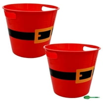 8.32" Christmas Bucket, Plastic Santa Belt Buckets Red Round Tubs with Handles for Parties Storage Classroom Party Favors, Christmas Decorations, Pack of 2