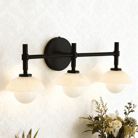 Alabaster Bowl Shades Triple Sconce with Round Opal Glass Globe, Hand-Carved Wall Lamp, Natural Material Wall Lights for Living Room , Bedroom Wall