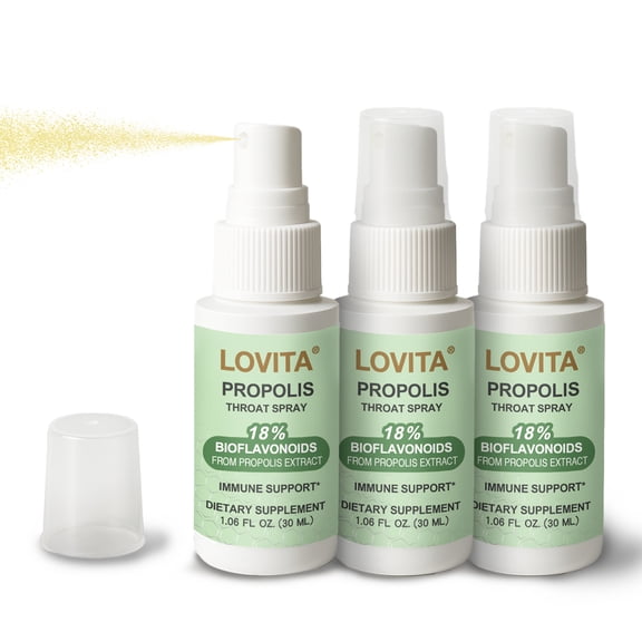 Lovita Propolis Throat Spray, 5:1 Concentration, 18% Bioflavonoids, Immune Support, Alcohol-Free, Gentle & Tasty – 1 Fl Oz (Pack of 3)