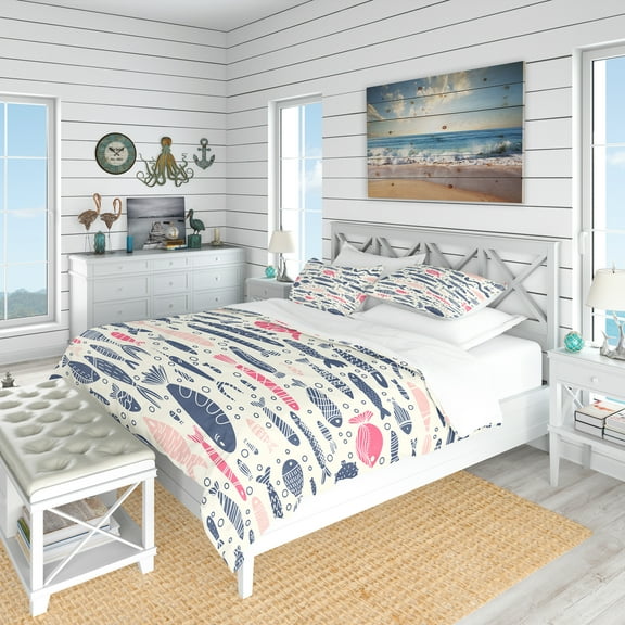 Designart 'Cute Fishes with Doodles' Nautical & Coastal Duvet Cover Set